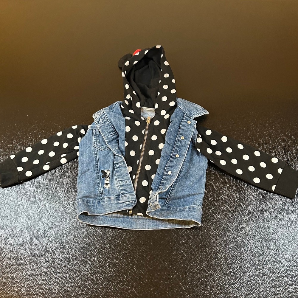 Disney Minnie Mouse Denim Jacket Kids 3T Blue Black Polka Dot Layered Hoodie